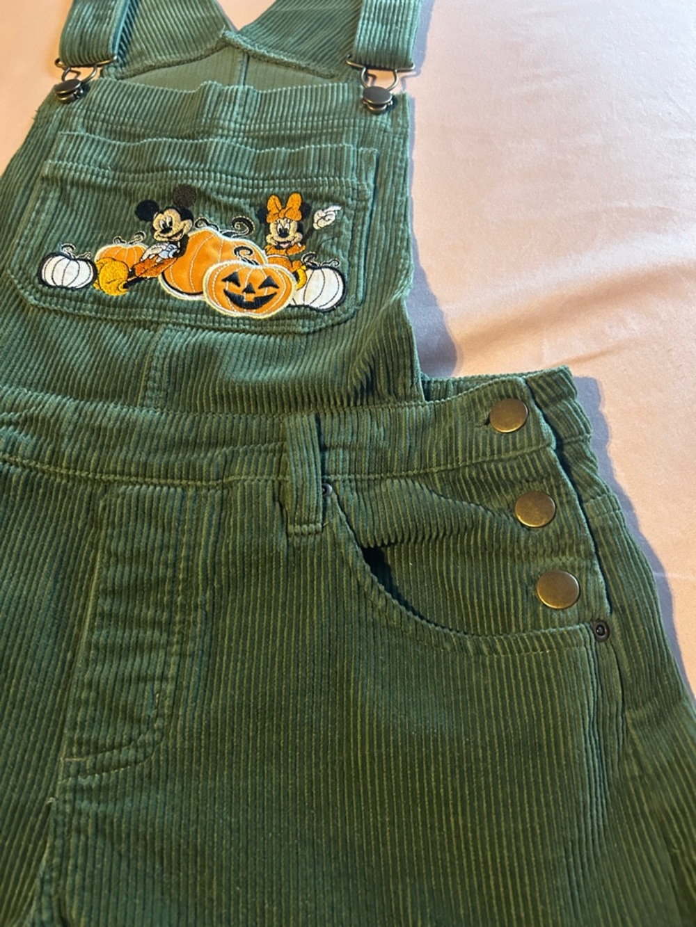 Green Corduroy Short Overalls with Disney Halloween Embroidery - Picture 7 of 9